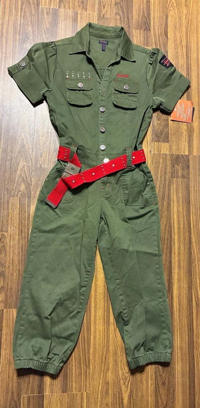 Dereon Girls' Green Utility Jumpsuit with Rhinestone Embellishments and Belt